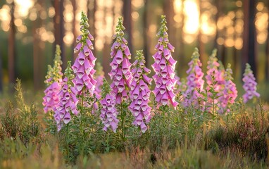 A serene landscape featuring vibrant pink foxglove flowers in full bloom, capturing the tranquility of nature during a golden hour with soft sunlight filtering through the trees.