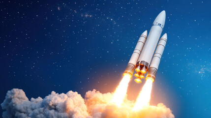 Fototapeta premium Witness the fiery takeoff of a sleek European launch vehicle against a stunning sunset, showcasing our leap into space in 22.