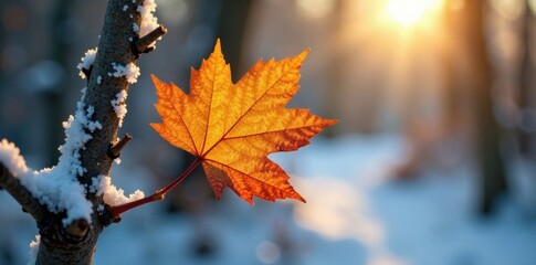 A single beech leaf on a snowy branch, backlit by sunlight, leaf, sunlight, backlight