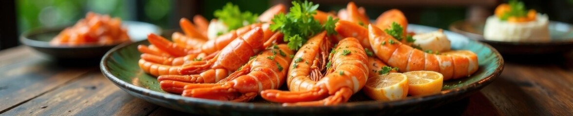 A single large plate of assorted seafood dishes on a table, appetizer, seafood, meal