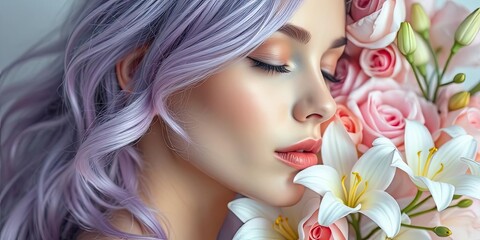 Fototapeta premium Lavender Hair Woman Beauty Portrait Pink Roses Lilies Flowers