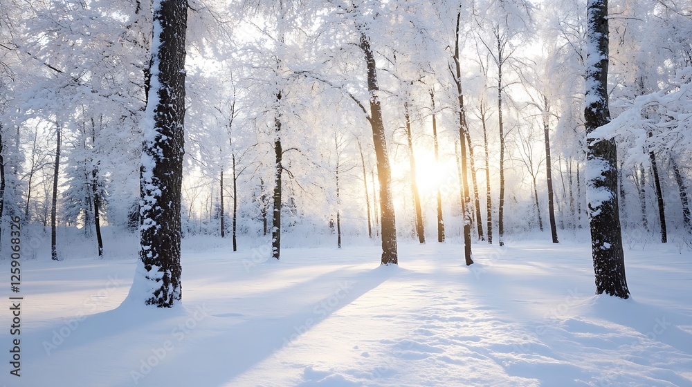 Poster winter wonderland with snow-covered trees and sun rays peeking through : generative ai