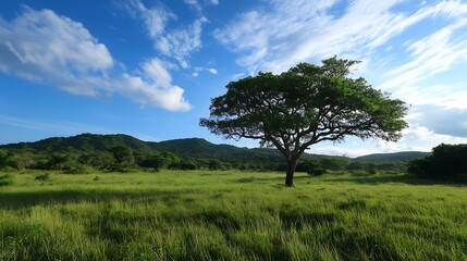 Lone Tree Stands Tall in Lush Green Field Under Bright Blue Sky with Gentle Clouds and Scenic Mountains : Generative AI