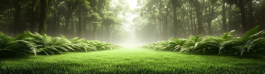 A serene, lush green forest scene showcasing ferns framing a clear path with mist gently enveloping the backdrop, creating a tranquil mood.