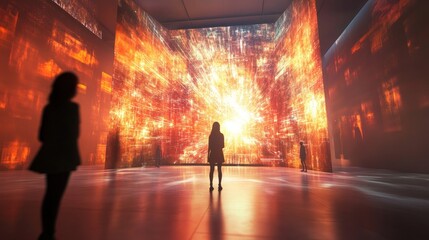 Silhouetted figures observe a large, vibrant, abstract digital art installation.