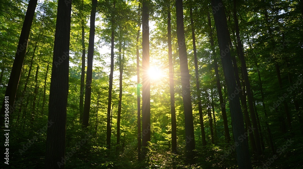 Poster Sunlight Filtering Through Lush Trees in a Dense Forest Landscape : Generative AI