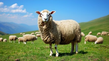 Obraz premium Sheep grazing mountain pasture sunny day