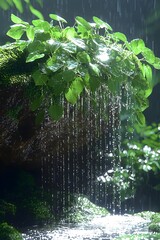 A serene close-up of lush green leaves adorned with glistening water droplets, cascading down from a moss-covered rock, creating a tranquil ambiance in a vibrant natural setting.