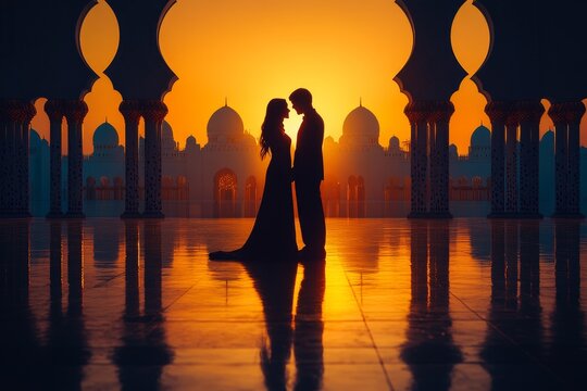 Couple silhouetted at sunset, mosque backdrop, romance