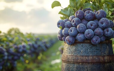 A close-up of freshly harvested ripe plums resting on a rustic barrel, glistening with droplets of water, surrounded by a lush orchard under soft sunlight.