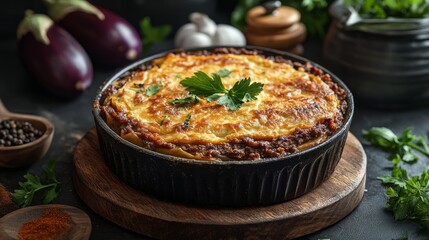 Traditional Greek moussaka with eggplant and meat. Featuring a layered and hearty dish. Highlighting the texture and flavors of the moussaka. Ideal for food and cultural themes.