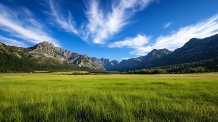 Fototapeta premium Scenic Mountain Landscape with a Lush Green Meadow Under a Clear Sky : Generative AI