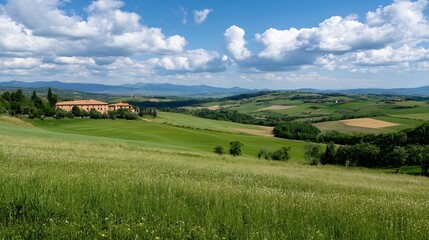 Breathtaking Panoramic View of Lush Green Hills Rolling Beneath a Blue Sky with Fluffy Clouds : Generative AI