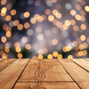 Selective empty wooden table in front of abstract blurred festive light background with light spots and bokeh for product montage display of product Bokeh light lights background bokeh abstract l