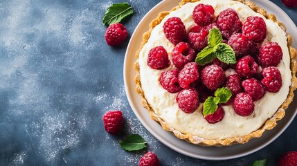 Delicious Raspberry Cheesecake with Fresh Mint Leaves on a Blue Background : Generative AI