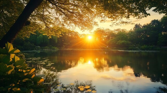 Serene Sunset Over Calm Lake Surrounded by Lush Greenery and Trees : Generative AI