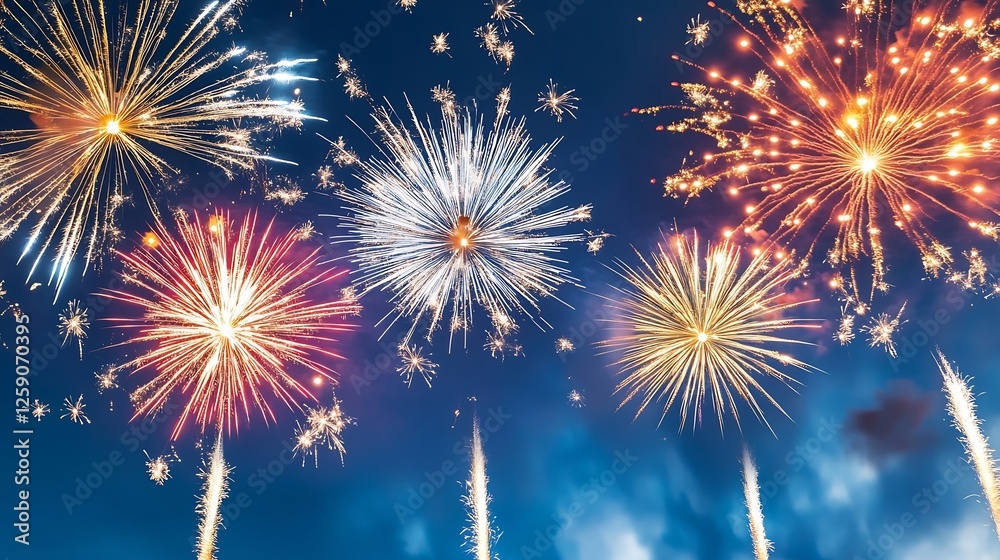 Poster colorful fireworks exploding in the night sky creating a spectacular display for celebrations and fe