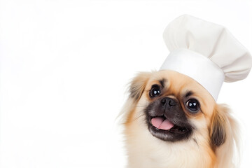 Pekingese dog chef with cute hat and smile, adorable pet animal portrait cooking puppy