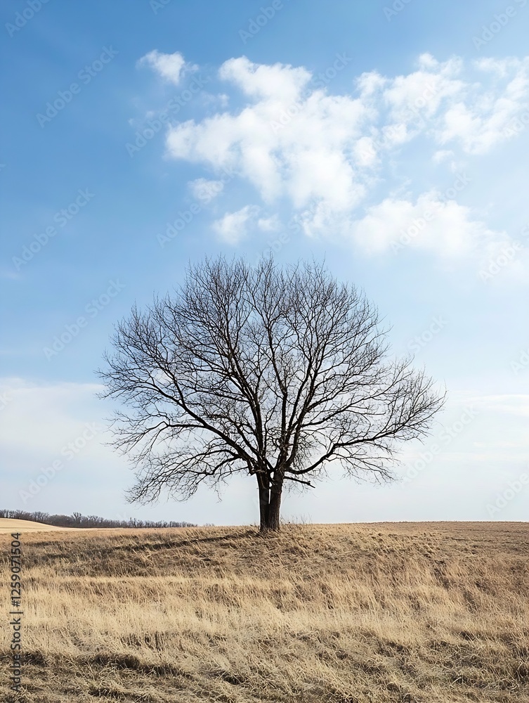 Poster Lonely Tree in a Distant Field Under a Bright Blue Sky with Fluffy Clouds : Generative AI