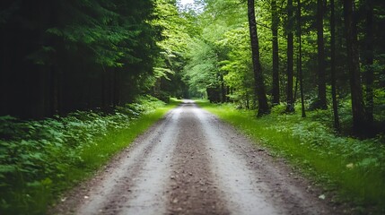 Fototapeta premium Serene dirt road surrounded by lush greenery illustrating peaceful outdoor escape and natural beauty in the forest : Generative AI