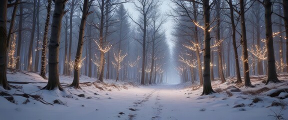 Obraz premium Snowy forest landscape with bare trees and twinkling lights, trees, forest
