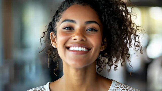 A cheerful young African American professional smiles at the computer in a bright, collaborative office with a diverse team.
