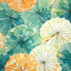 Colorful Overlapping Umbrellas Pattern. Watercolor Art of Green, Blue, Yellow, and Orange Umbrellas