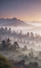 Obraz premium Soft focus misty landscape at dawn with gentle fog rolling in, landscape, dawn