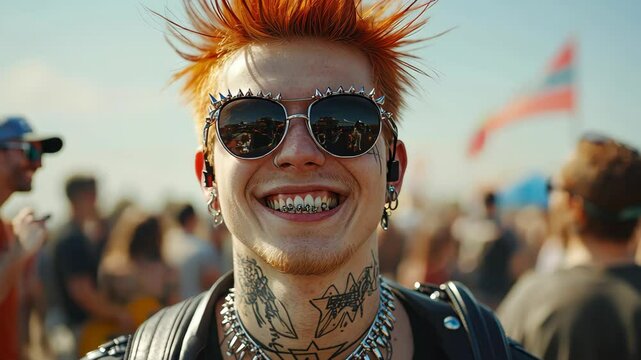 A vibrant young punk with a mohawk enjoys the music festival, celebrating youth culture with tattoos and piercings in style.