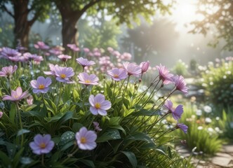 Softly blooming flowers in a garden amidst gentle morning dew, flowers,  greenery