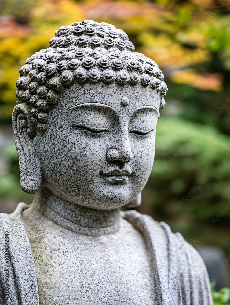 Poster serene stone buddha statue surrounded by lush greenery in zen garden setting : generative ai