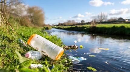 Fototapeta premium Trash Pollution in Natural Landscape by a Riverbank During Daylight