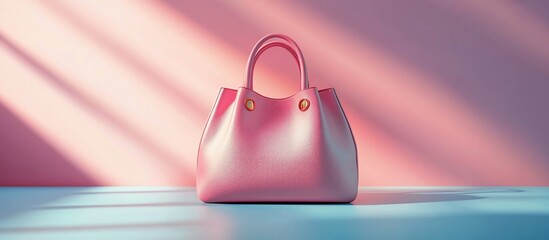 Obraz premium Elegant pink handbag placed on a blue surface with soft shadows against a pastel background