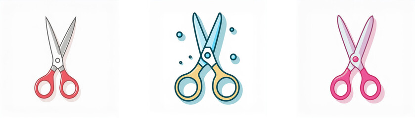 Fototapeta premium Three scissors icons display side-by-side, each with silver blades and handles in red, blue, and pink colors. The blades are open and ready for cutting.