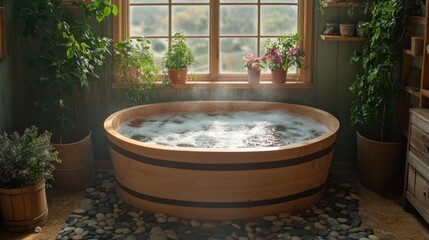 Serene Wooden Hot Tub Bath, Relaxing Spa Day