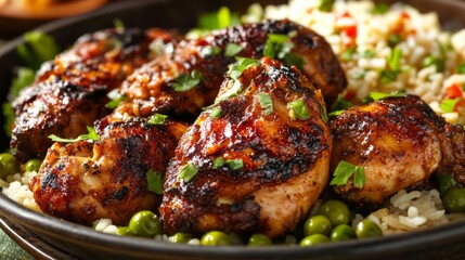 Traditional Jamaican jerk chicken with rice and peas. Featuring a spicy and aromatic dish. Highlighting the texture and flavors of the jerk chicken. Ideal for food and cultural themes.