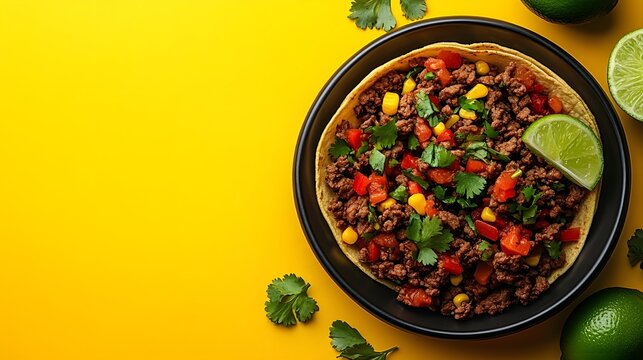 Vibrant Mexican Tacos with Beef Salsa and Lime on a Yellow Background