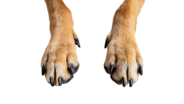 A top view of dog legs on a white background, showing the paws and feet isolated. Perfect for pet-related designs or animal anatomy projects. High-quality cutout for easy integration.