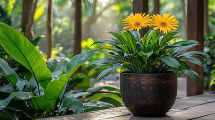 Yellow gerbera daisies in pot, garden background, sunlight, home decor