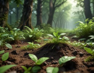 Obraz premium Tiny coffee seedlings sprout from the forest floor amidst lush green foliage, trees, greenery