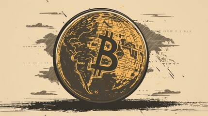 A stylized Bitcoin coin featuring a global map, presented in a vintage, hand-drawn digital illustration. The textured aesthetic enhances the financial and technological theme. AI generated.