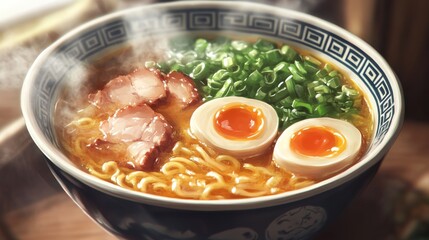 Traditional Japanese ramen with pork and vegetables. Featuring a rich and flavorful dish. Highlighting the texture and flavors of the ramen. Ideal for food and cultural themes.