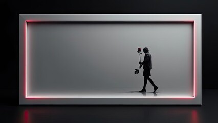 Woman Silhouette Walking with Rose in Modern Frame Minimalist Art