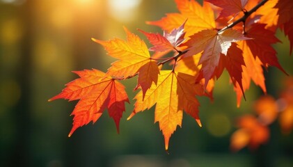 Autumn branch with vibrant colored leaves hanging from a tree branch, autumn, colorful, branches