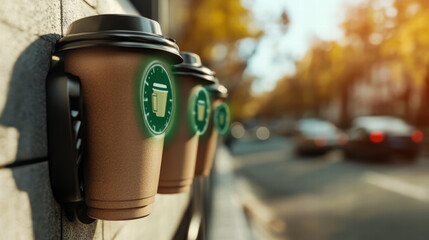 Coffee cups with holographic interface in an urban street