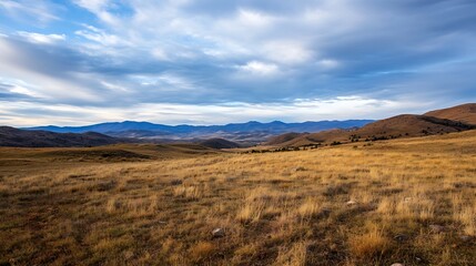 Naklejka premium Golden grassy field with rolling hills under a vast blue sky displaying beautiful natural landscape : Generative AI