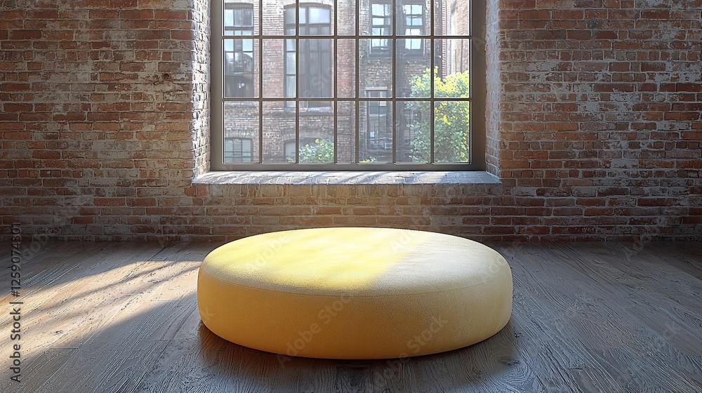 Poster Yellow round display platform in loft. Sunlight through window.  Product presentation