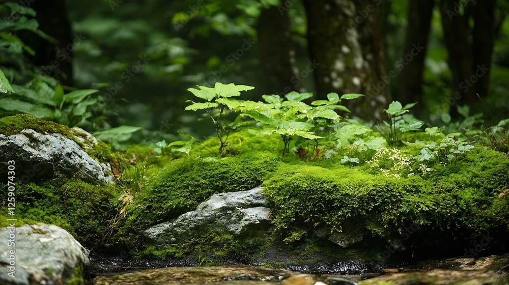 Poster Lush green moss covering rocks near a gentle stream in a tranquil forest setting : Generative AI