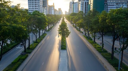 Obraz premium Bustling Urban City Avenue Bathed in Golden Light During Tranquil Sunset Hours : Generative AI