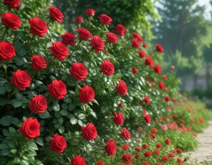 Fototapeta premium Vibrant red rose flowers blooming in a lush green border , garden, spring